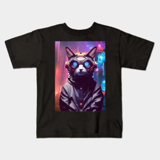 Techno Cat In Japan Neon City Kids T-Shirt